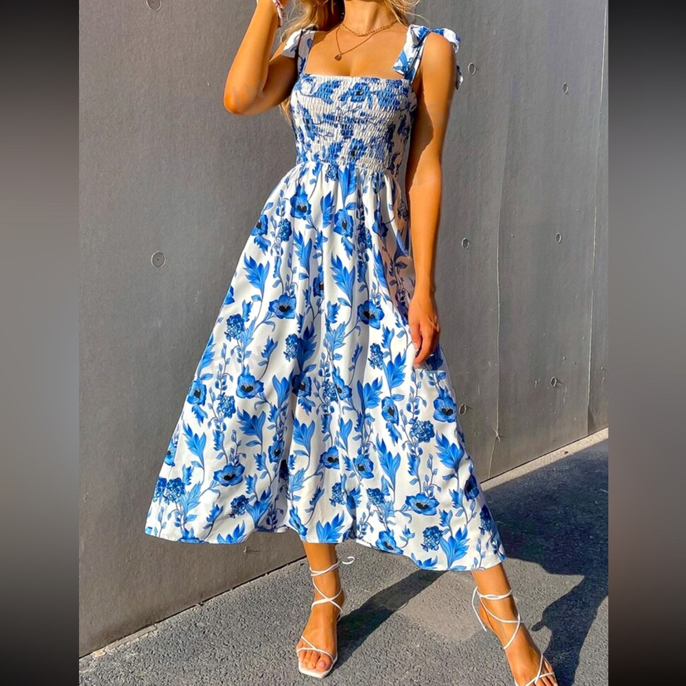 Blue and white floral print cami dress with shirted top and adjustable straps